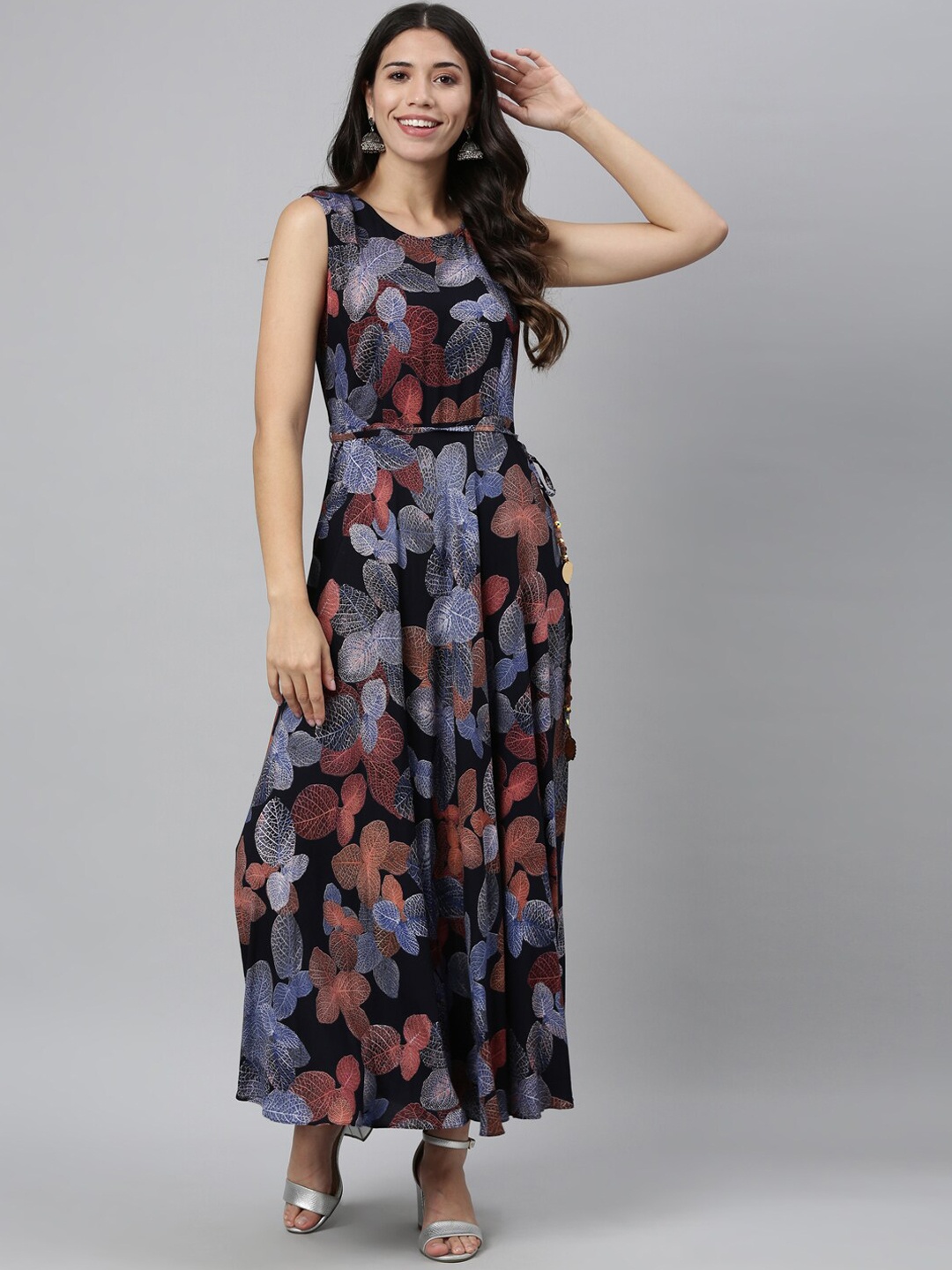 

Neerus Navy Blue Floral Embroidered Maxi Dress