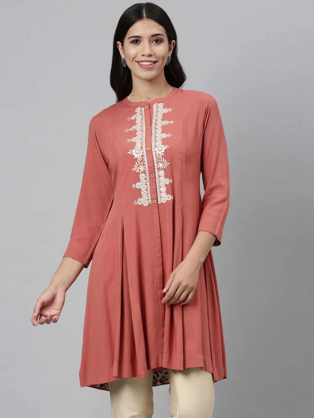

Neerus Women Rust Floral Yoke Design Thread Work Anarkali Kurta