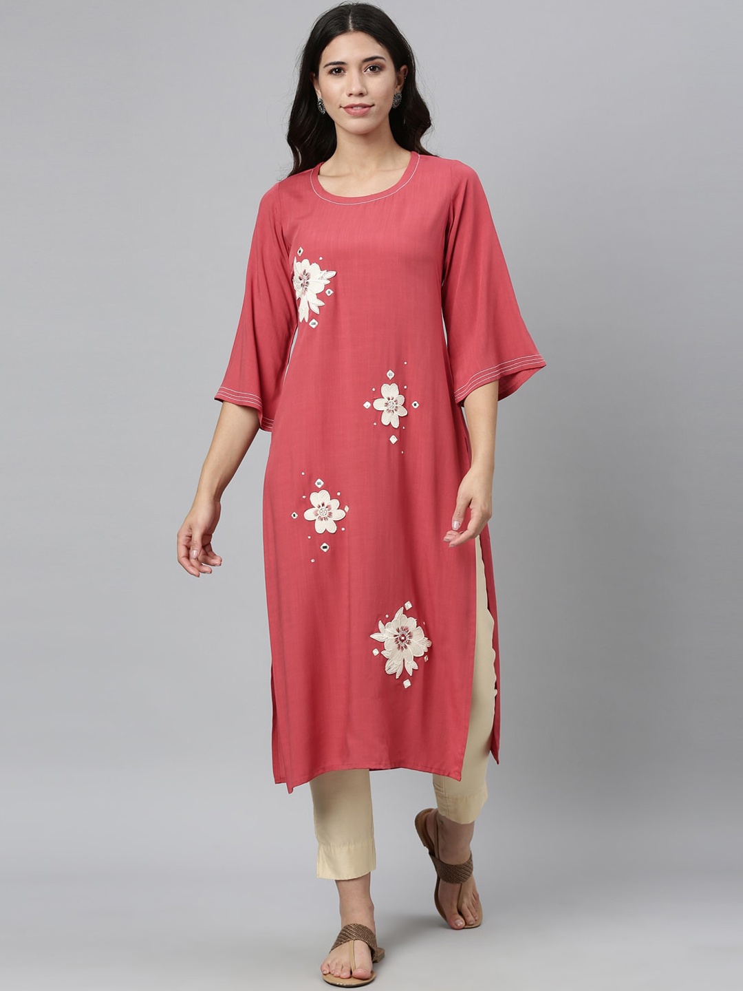 

Neerus Women Rust Floral Embroidered Flared Sleeves Kurta