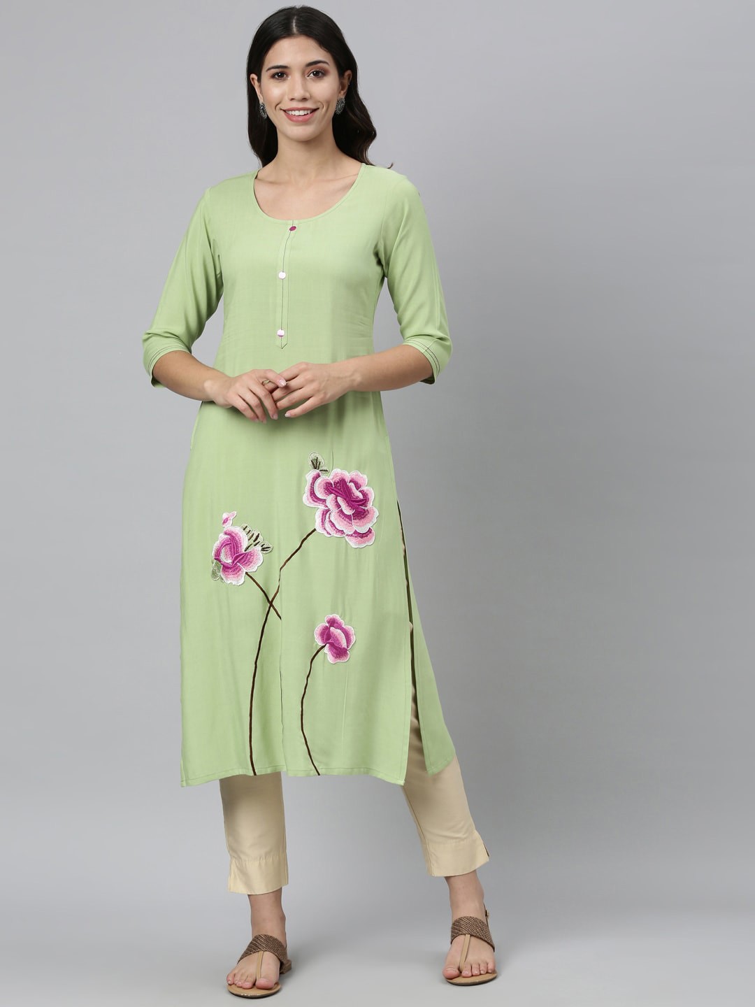 

Neerus Women Olive Green Ethnic Motifs Embroidered Thread Work Floral Kurta