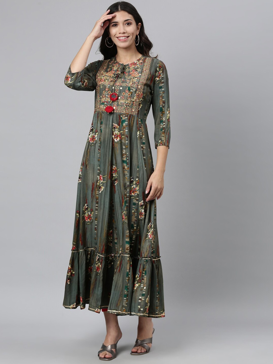 

Neerus Women Grey Ethnic Motifs Printed Floral Anarkali Kurta
