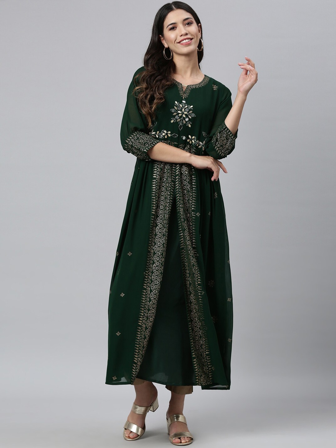 

Neerus Women Green Ethnic Motifs Embroidered Keyhole Neck Thread Work Floral Georgette Kurta