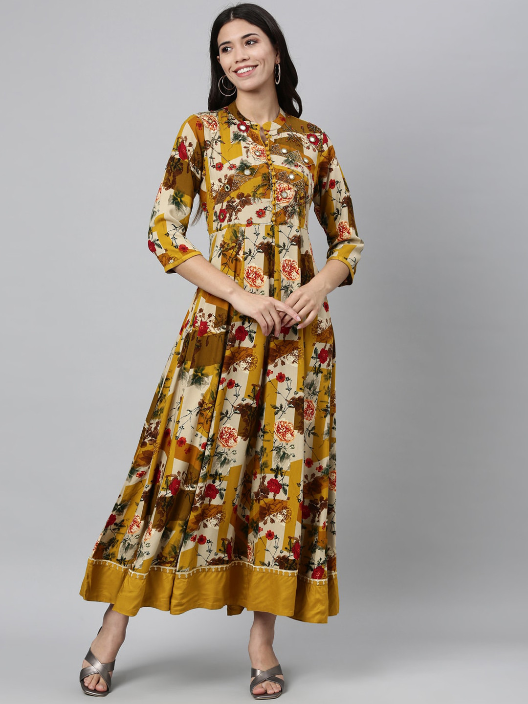 

Neerus Women Mustard Yellow Floral Printed Floral Anarkali Kurta
