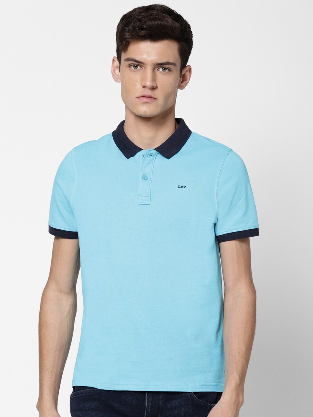 

Lee Men Blue & Black Polo Collar Slim Fit Cotton T-shirt