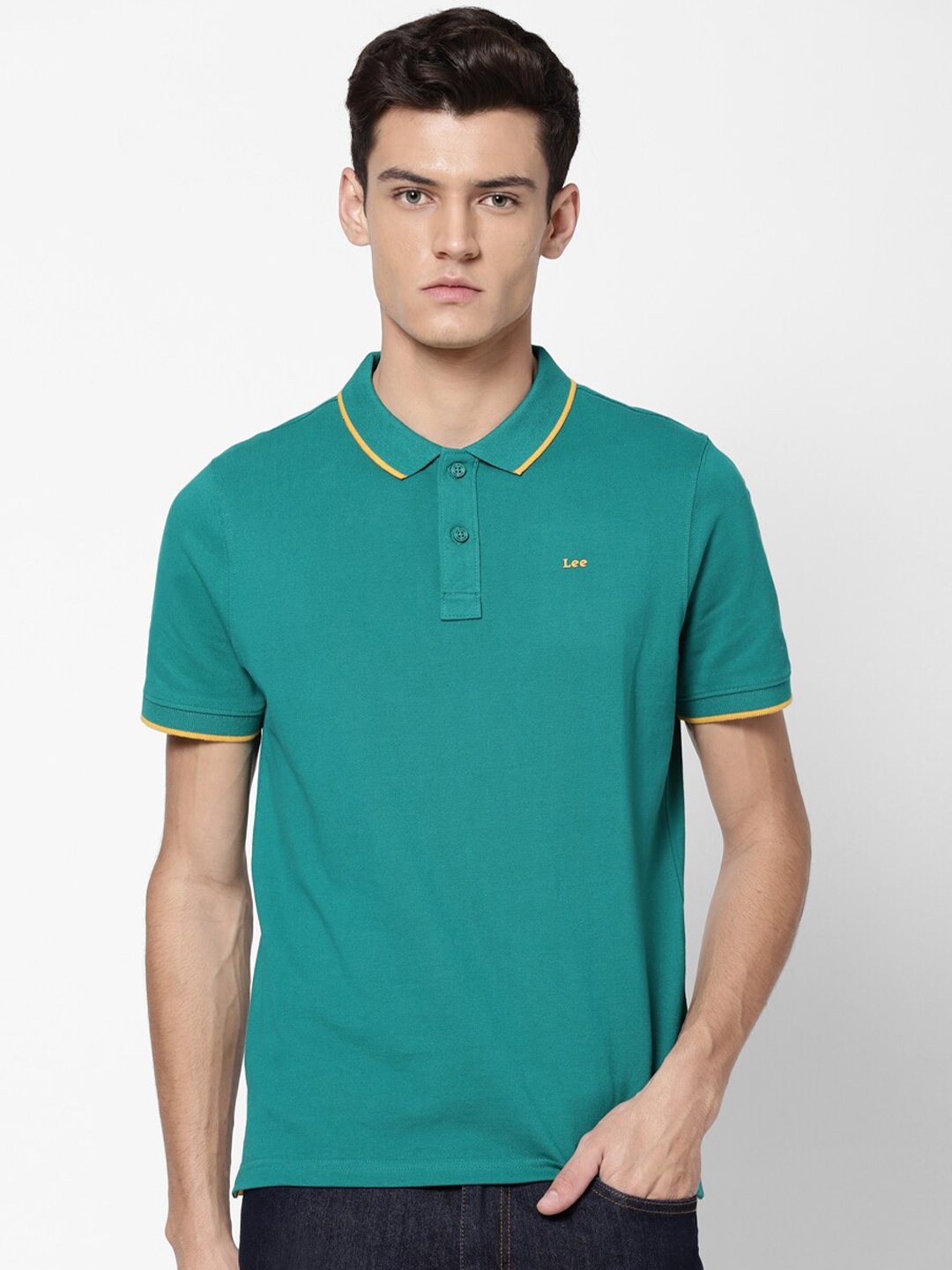 

Lee Men Green Polo Collar Cotton Slim Fit T-shirt