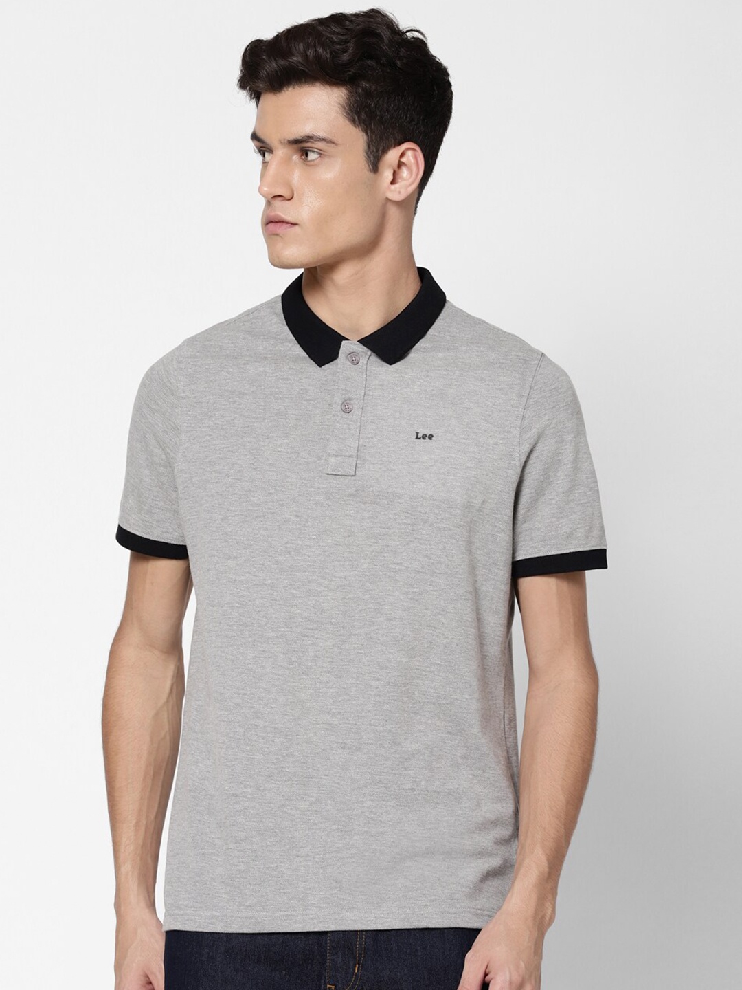 

Lee Men Grey & Black Polo Collar Slim Fit Cotton T-shirt