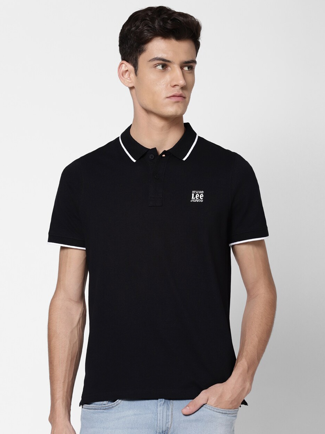 

Lee Men Black Polo Collar Slim Fit T-shirt