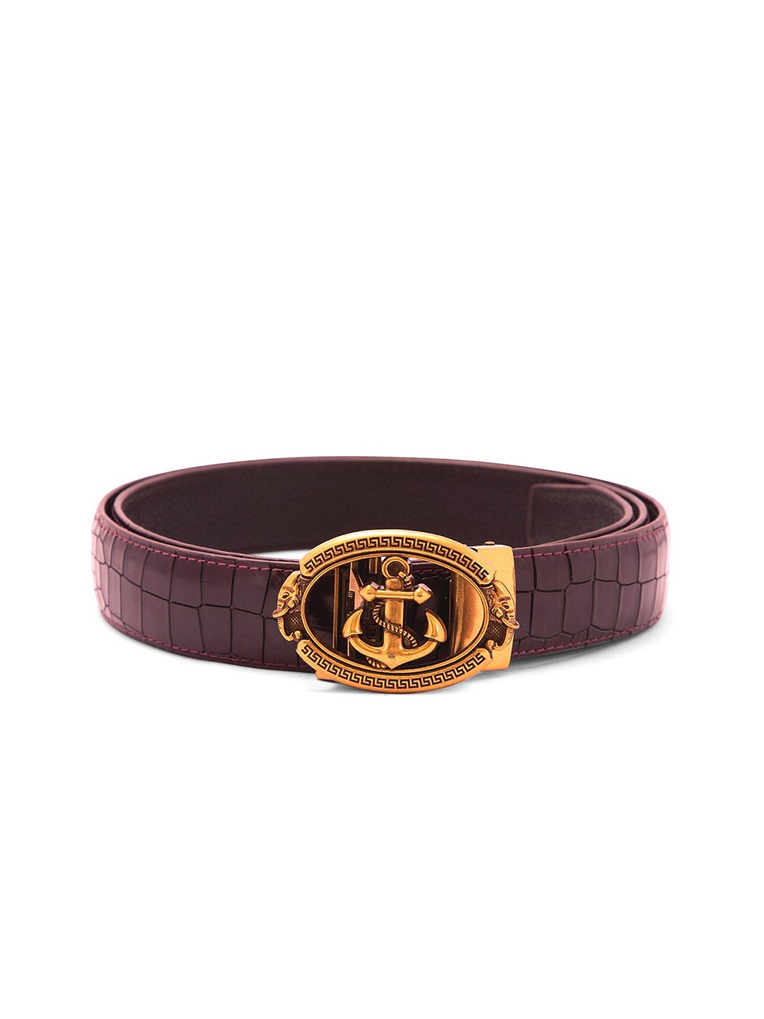 

BANGE Men Red Textured Bat Buckle Leather Belt