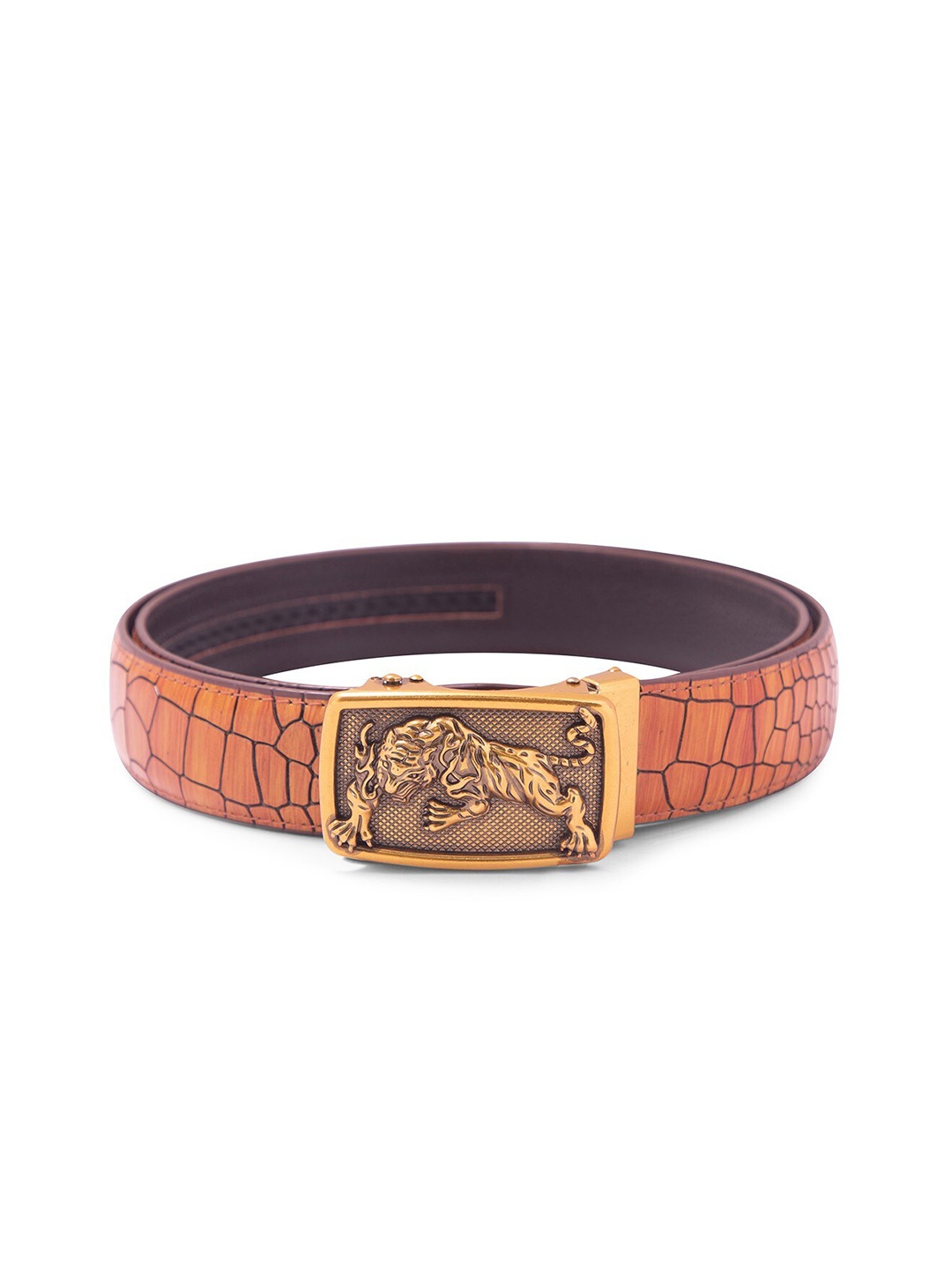

BANGE Men Orange Textured Leather Belt With Bronze Buckle
