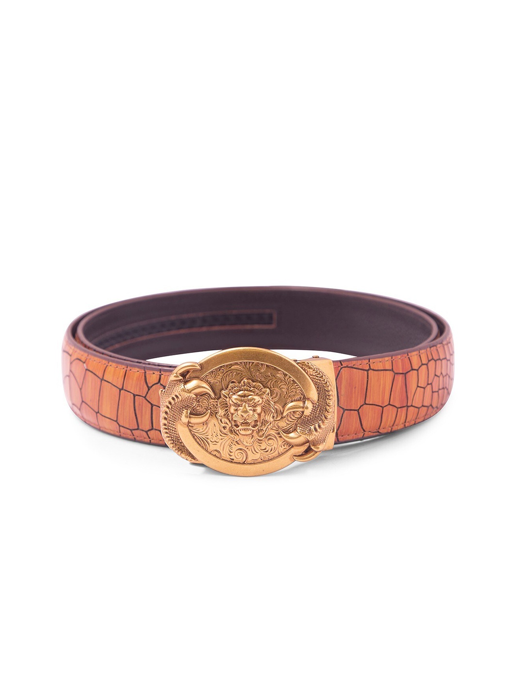 

BANGE Men Orange Textured Leather Belt With Bat Design Bronze Buckle