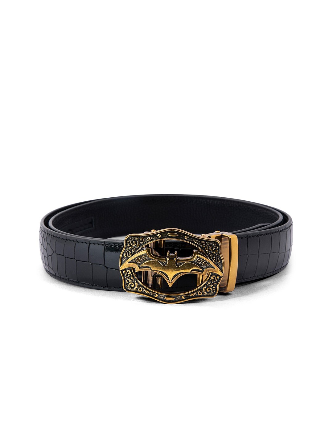 

BANGE Men Black Textured Leather Belt With Bat Design Bronze Buckle