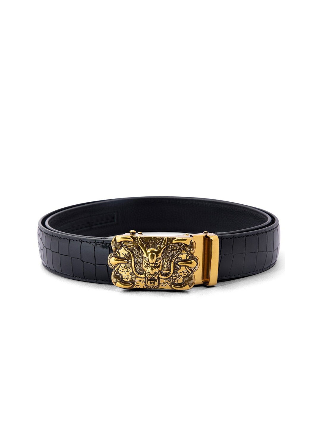 

BANGE Men Black Textured Leather Belt With Bat Design Bronze Buckle