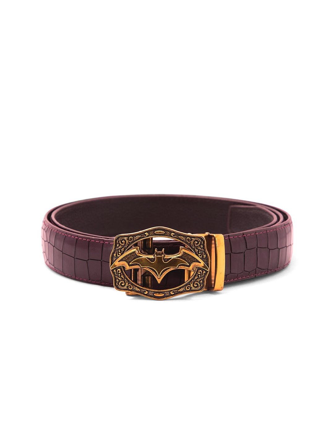 

BANGE Men Red Textured Leather Belt With Bat Design Bronze Buckle