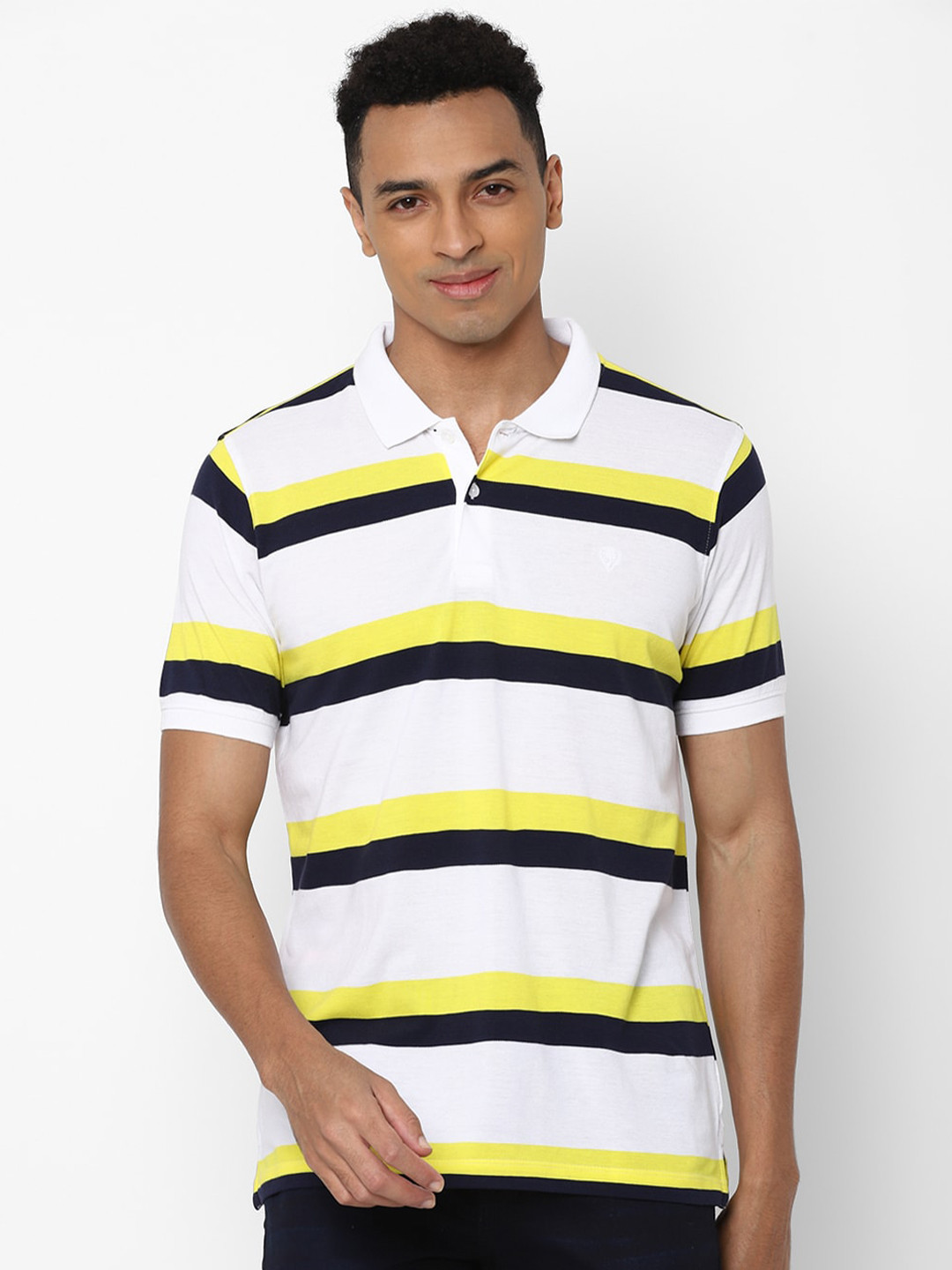 

Allen Solly Sport Men White & Yellow Striped Polo Collar Pure Cotton T-shirt