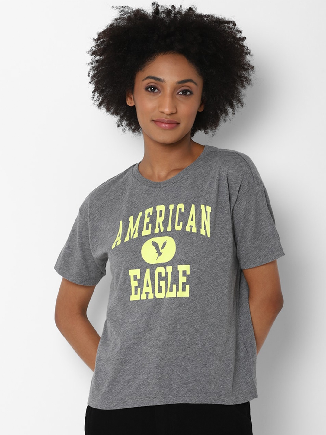 

AMERICAN EAGLE OUTFITTERS Women Grey & Yellow Typography Printed Pure Cotton T-shirt