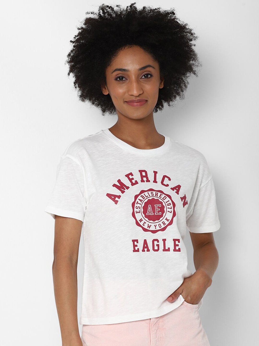

AMERICAN EAGLE OUTFITTERS Women White Typography Printed Boxy T-shirt