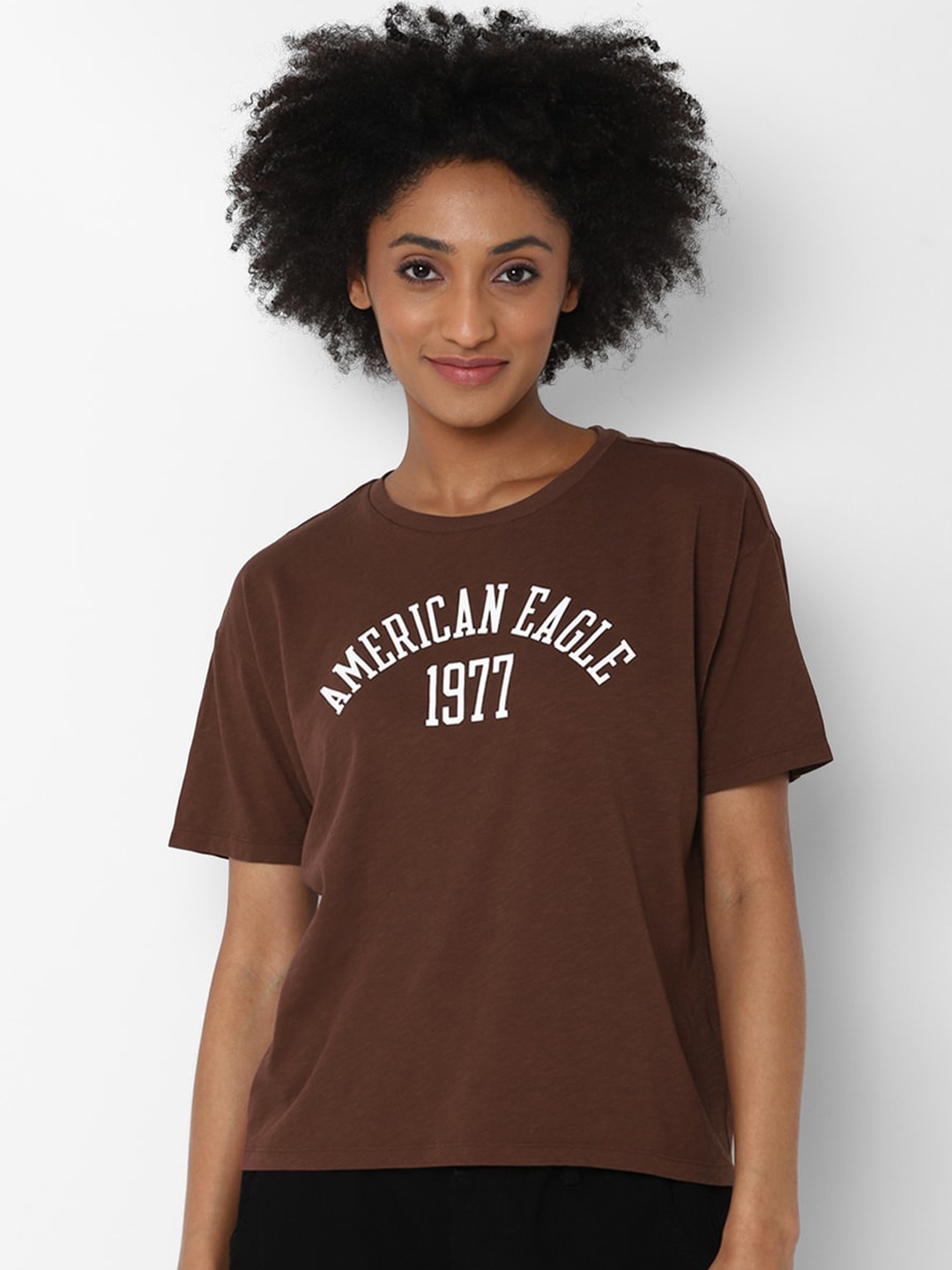 

AMERICAN EAGLE OUTFITTERS Women Brown Typography Printed Pure Cotton T-Shirt
