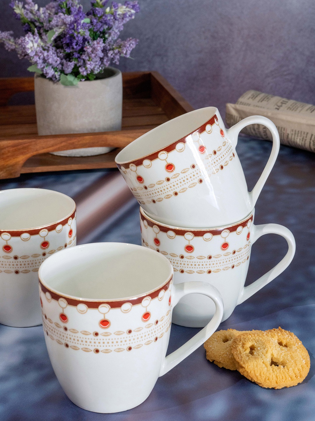 

SONAKI White & Red Set of 6 Hand Painted Printed Bone China Glossy 180 ml Tea/Coffee Mugs