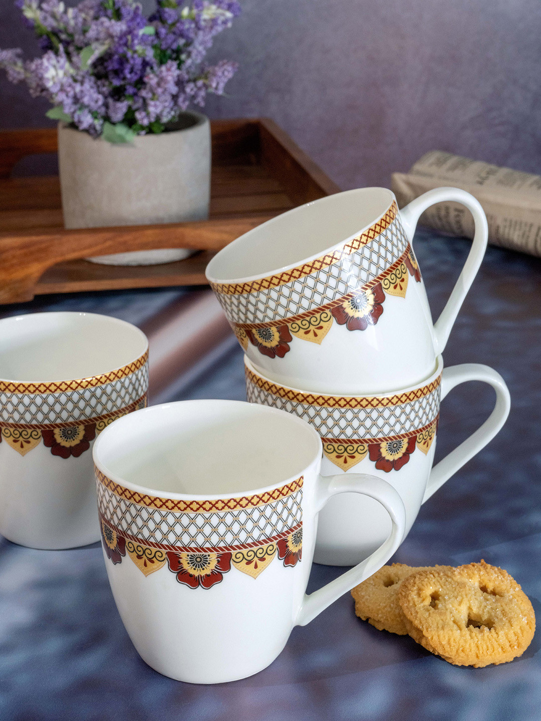 

SONAKI White & Yellow Hand Painted Printed Bone China Glossy Mugs Set of 6