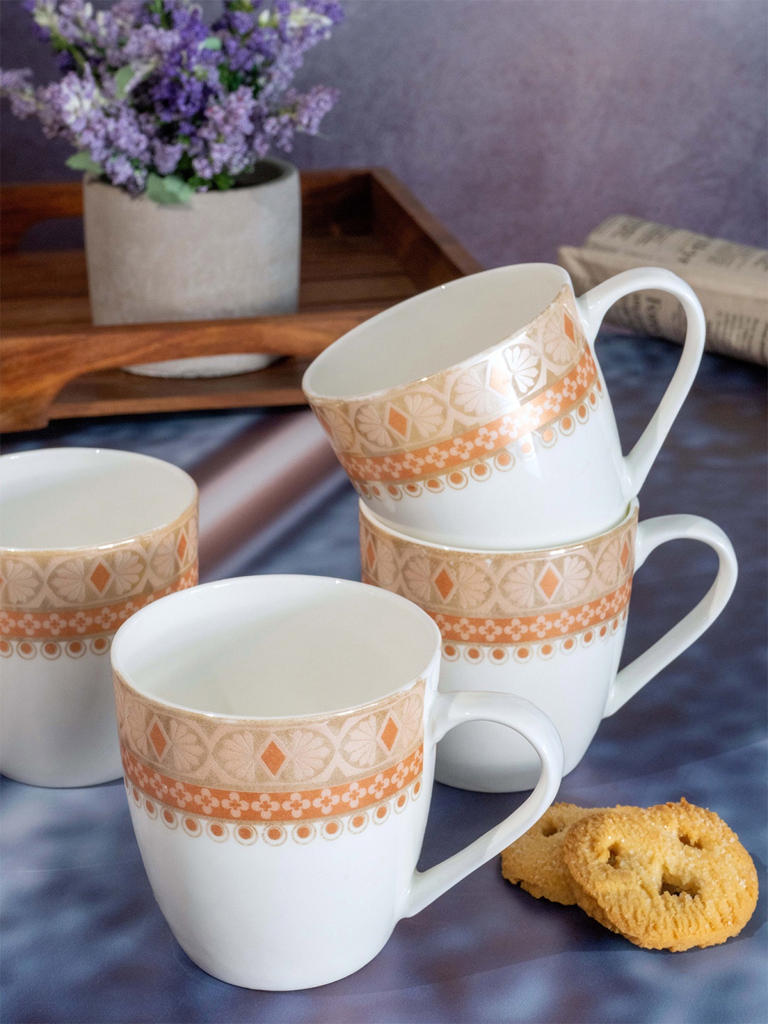 

SONAKI White Set of 6 Hand Painted Printed Bone China Glossy Mugs Cups and Mugs