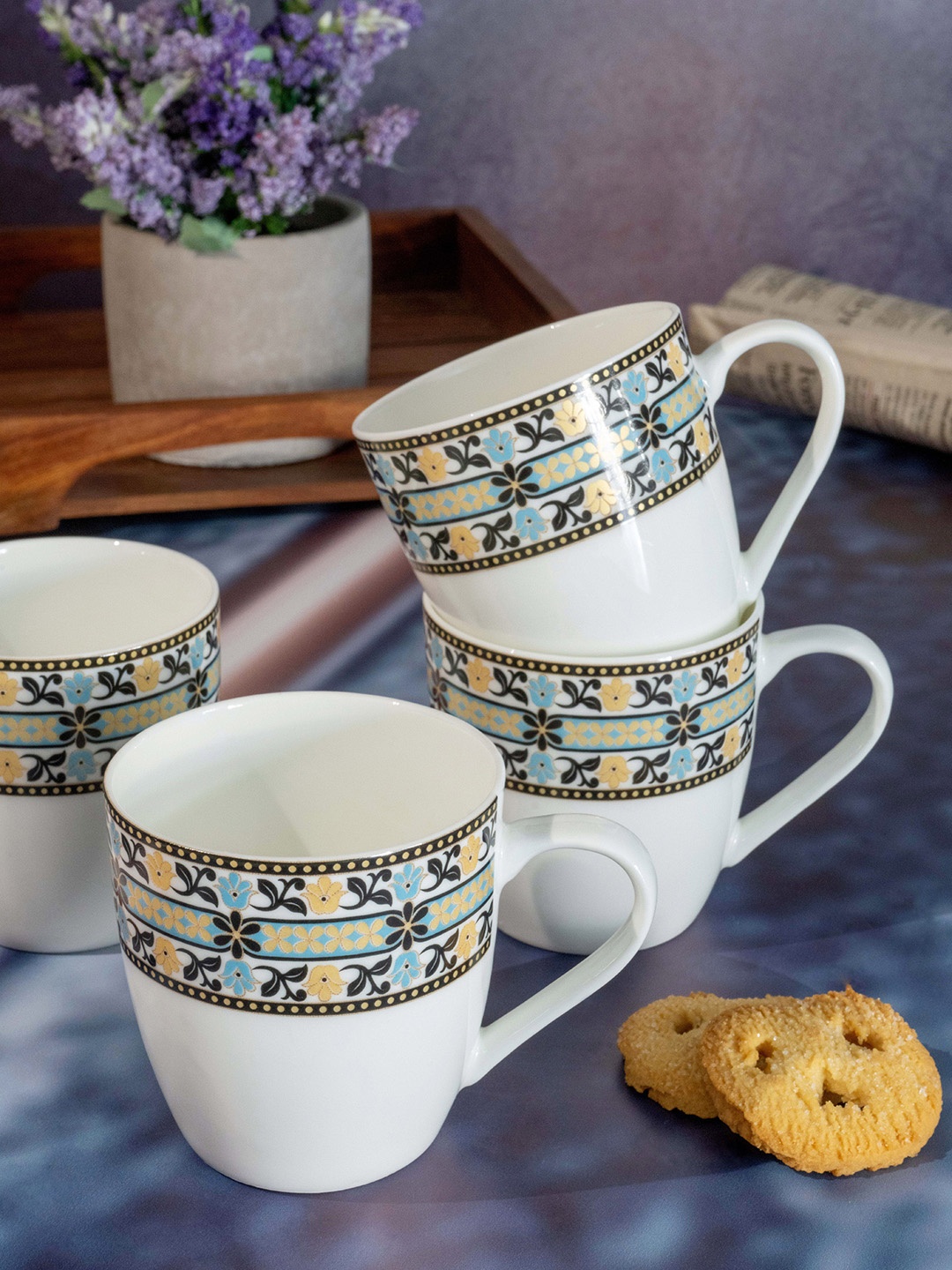 

SONAKI White & Blue Hand Painted Printed Bone China Glossy Mugs Set of Cups and Mugs