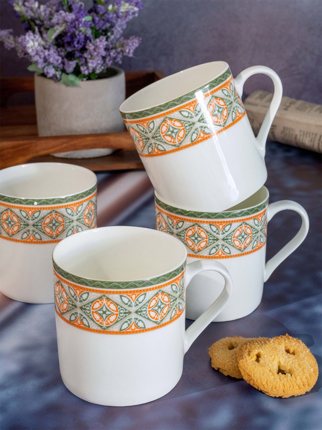 

SONAKI White & Orange Set Of 6 Hand Painted Printed Bone China Glossy Mugs