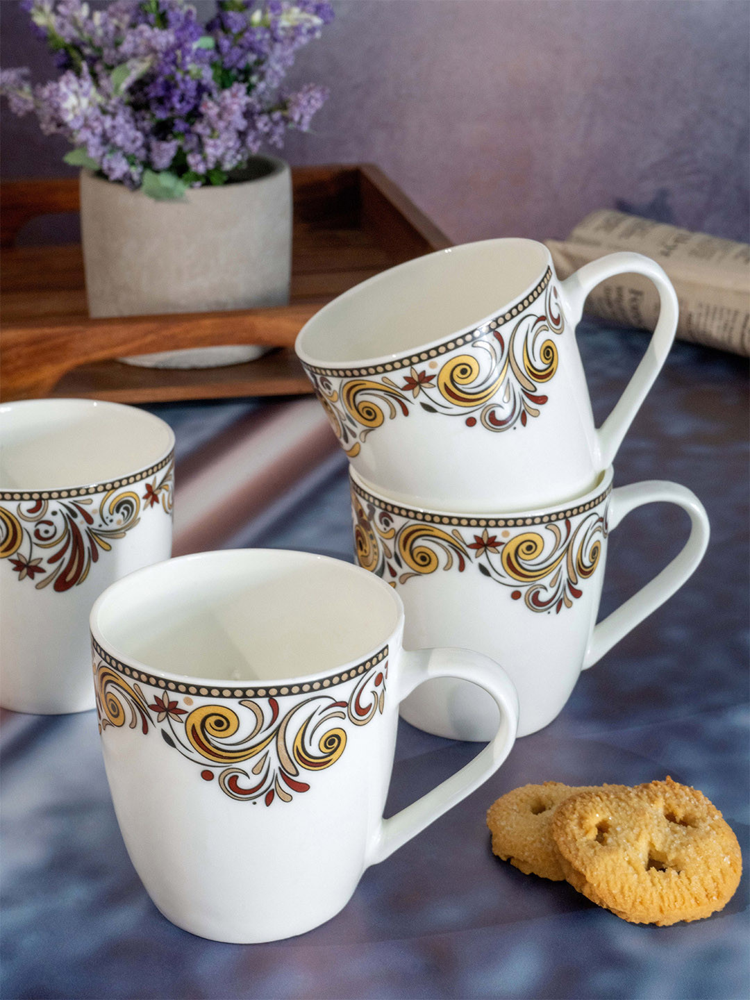 

SONAKI White & Yellow Hand Painted Printed Bone China Glossy Mugs Set of 6