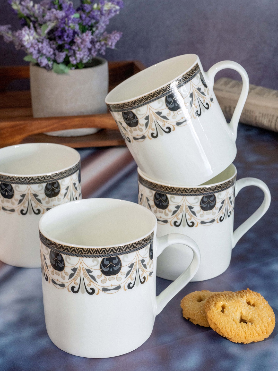 

SONAKI Set Of 6 White & Beige Hand Painted Bone China Mugs