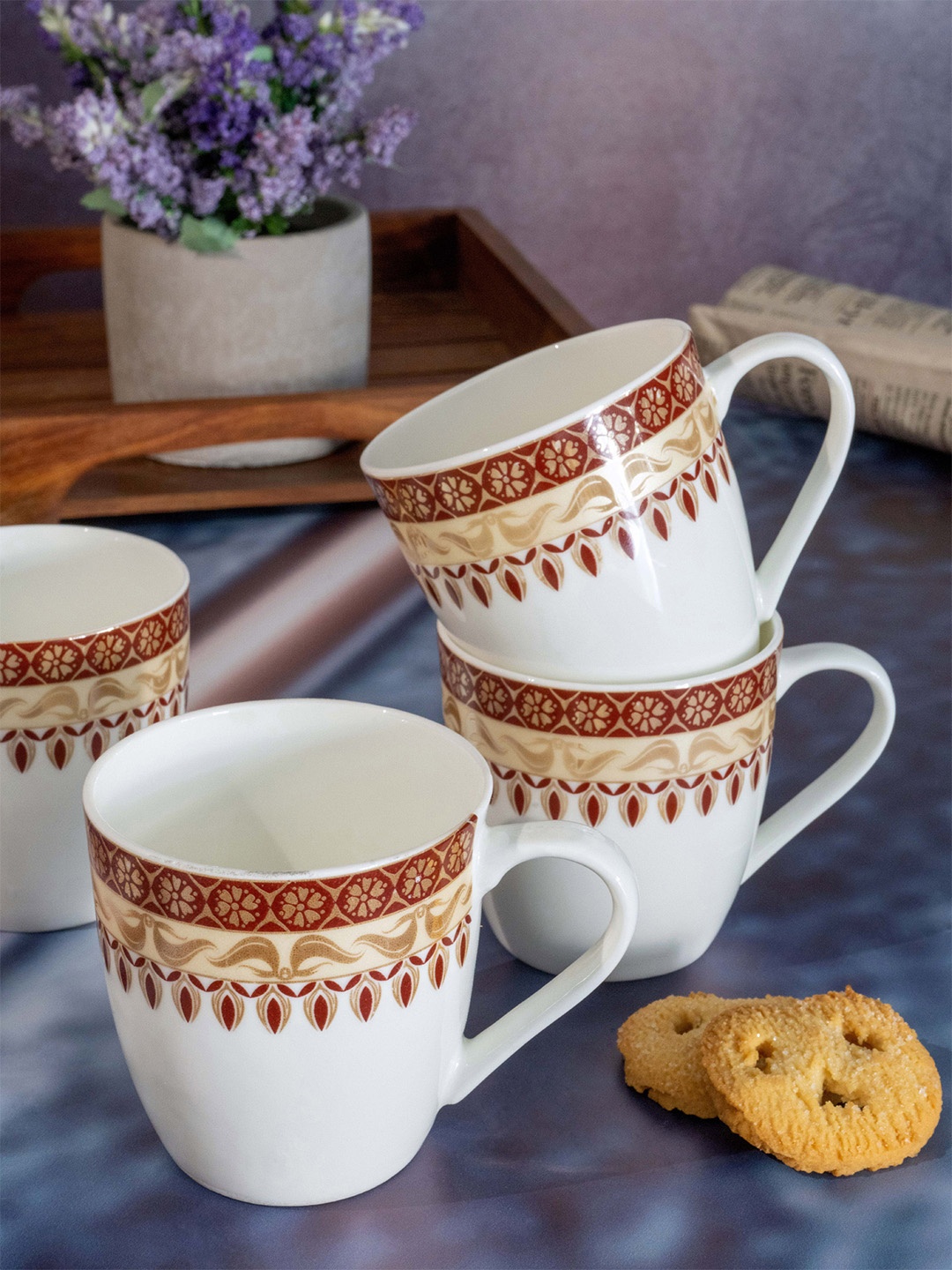 

SONAKI White & Red Hand Set Of 6 Painted Printed Bone China Glossy Mugs