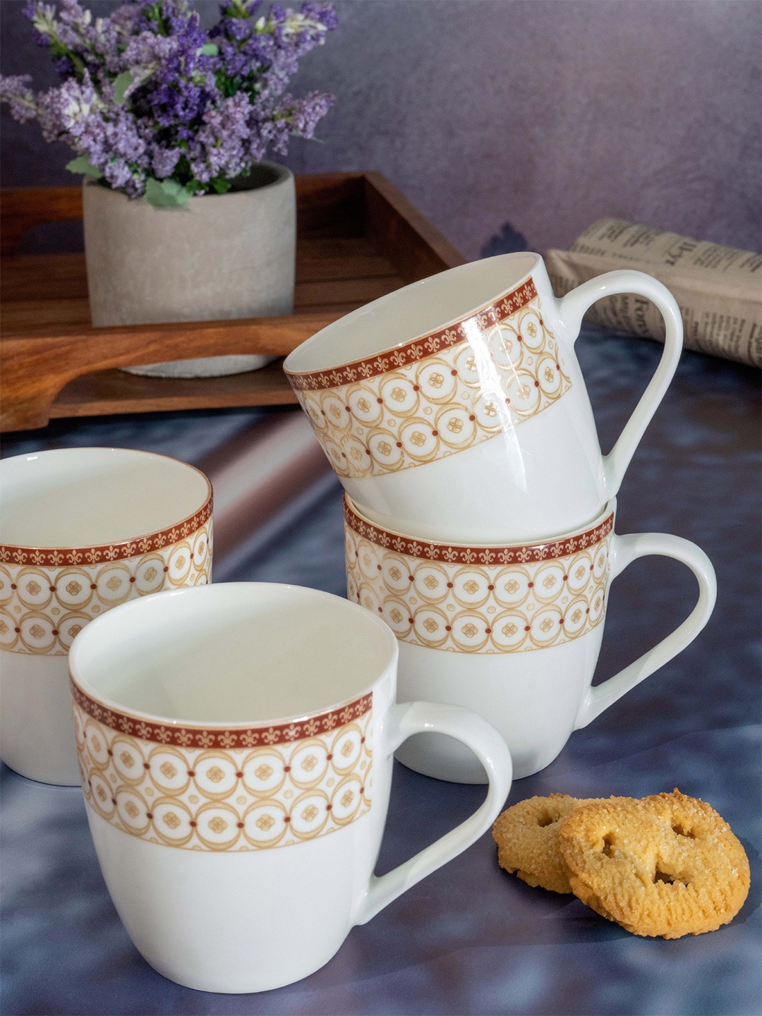 

SONAKI White & Brown Hand Painted Printed Bone China Glossy Mugs Set of 6