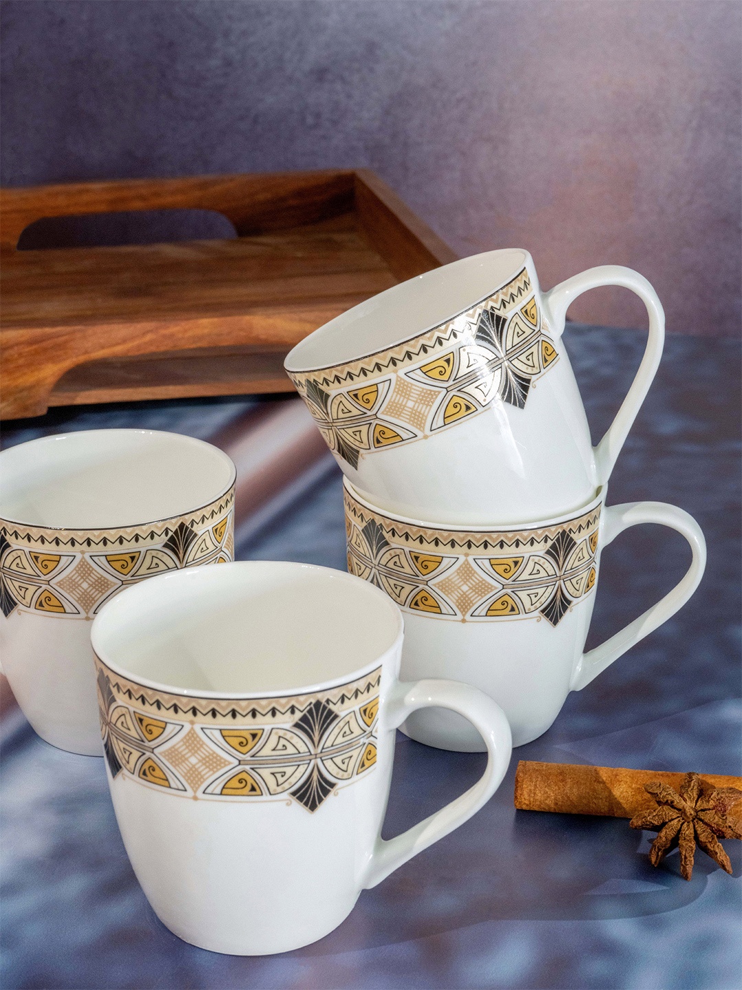 

SONAKI White & Yellow Set of 6 Hand Painted Printed Bone China Glossy Mugs Cups and Mugs