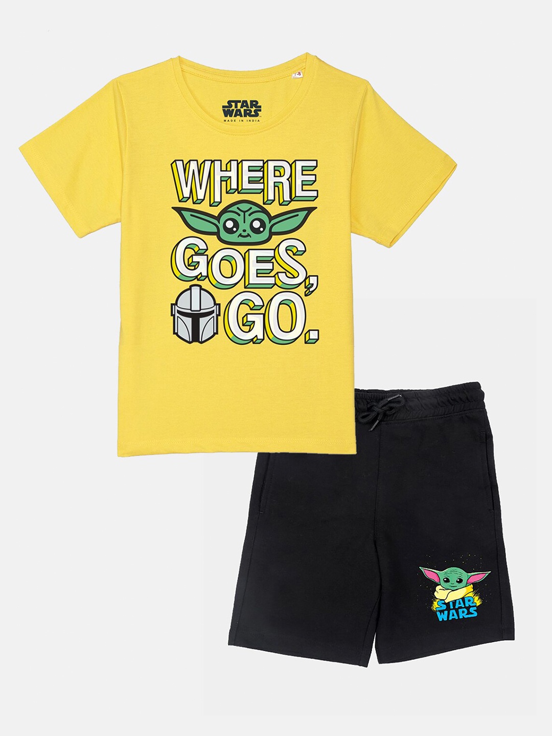 

YK Star Wars Boys Yellow & Black Yoda Printed T-shirt with Shorts