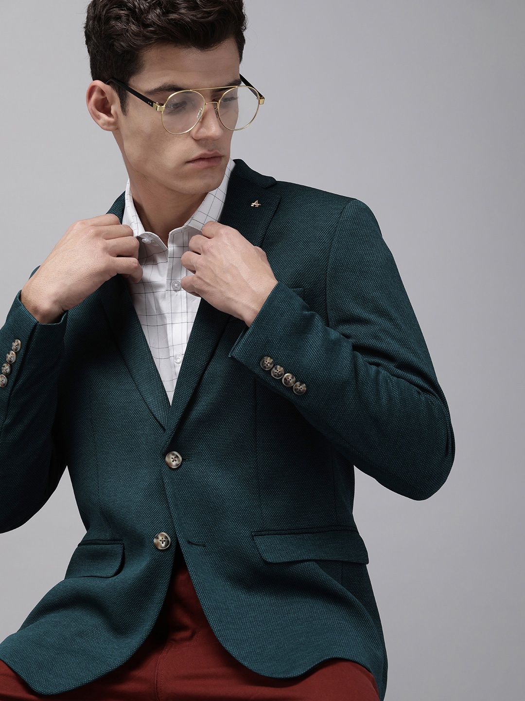 

Arrow Men Teal Green Self Design Slim Fit Single-Breasted Smart Casual Blazer