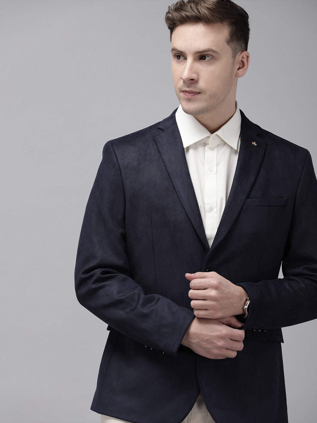 

Arrow Men Navy Blue Self-Design Slim Fit Single-Breasted Formal Blazer