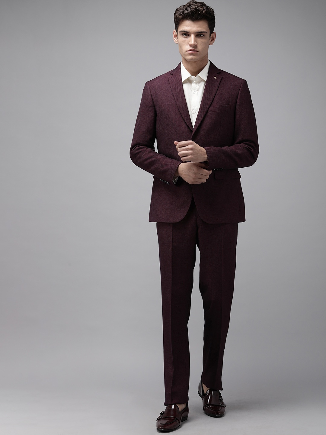 

Arrow Men Maroon Self Design Single Breasted Formal Suit