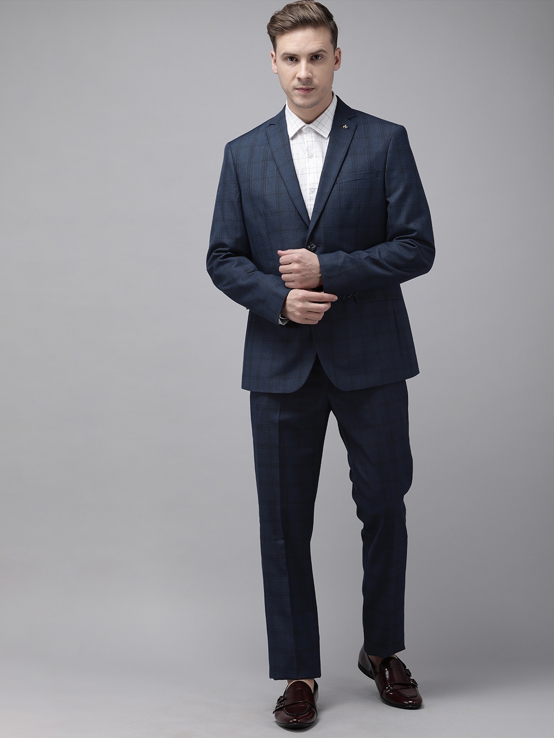 

Arrow Men Navy Blue Checked Tailored Fit Single-Breasted Formal Suit