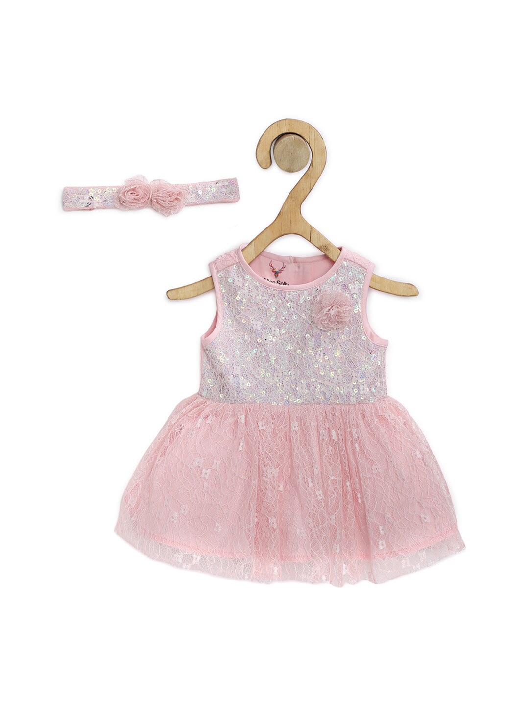 

Allen Solly Junior Pink Sequins Embellished Fit & Flare Dress With Hair Band
