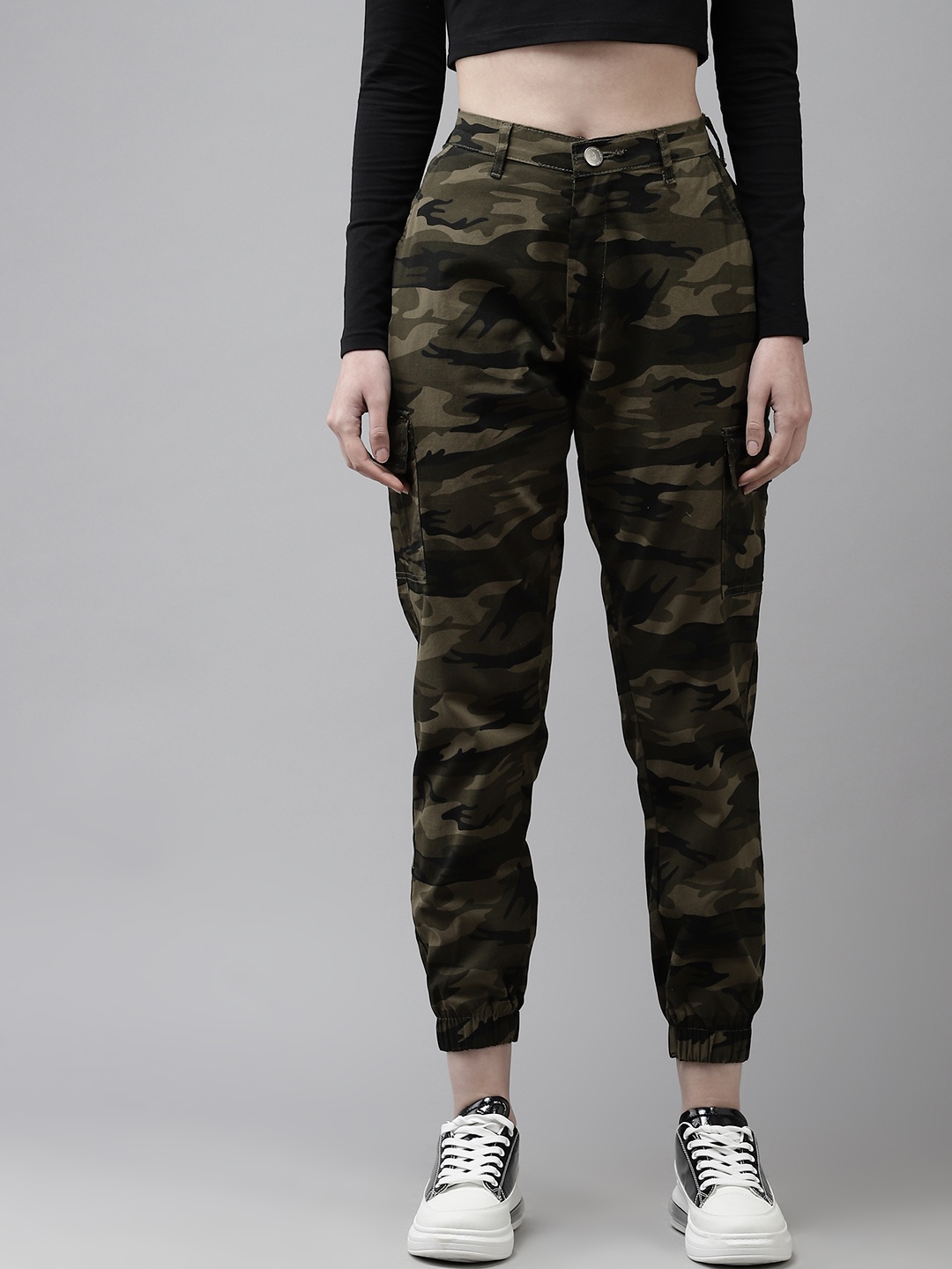 

The Dry State Women Green Camouflage Printed High-Rise Easy Wash Cropped Joggers Trousers