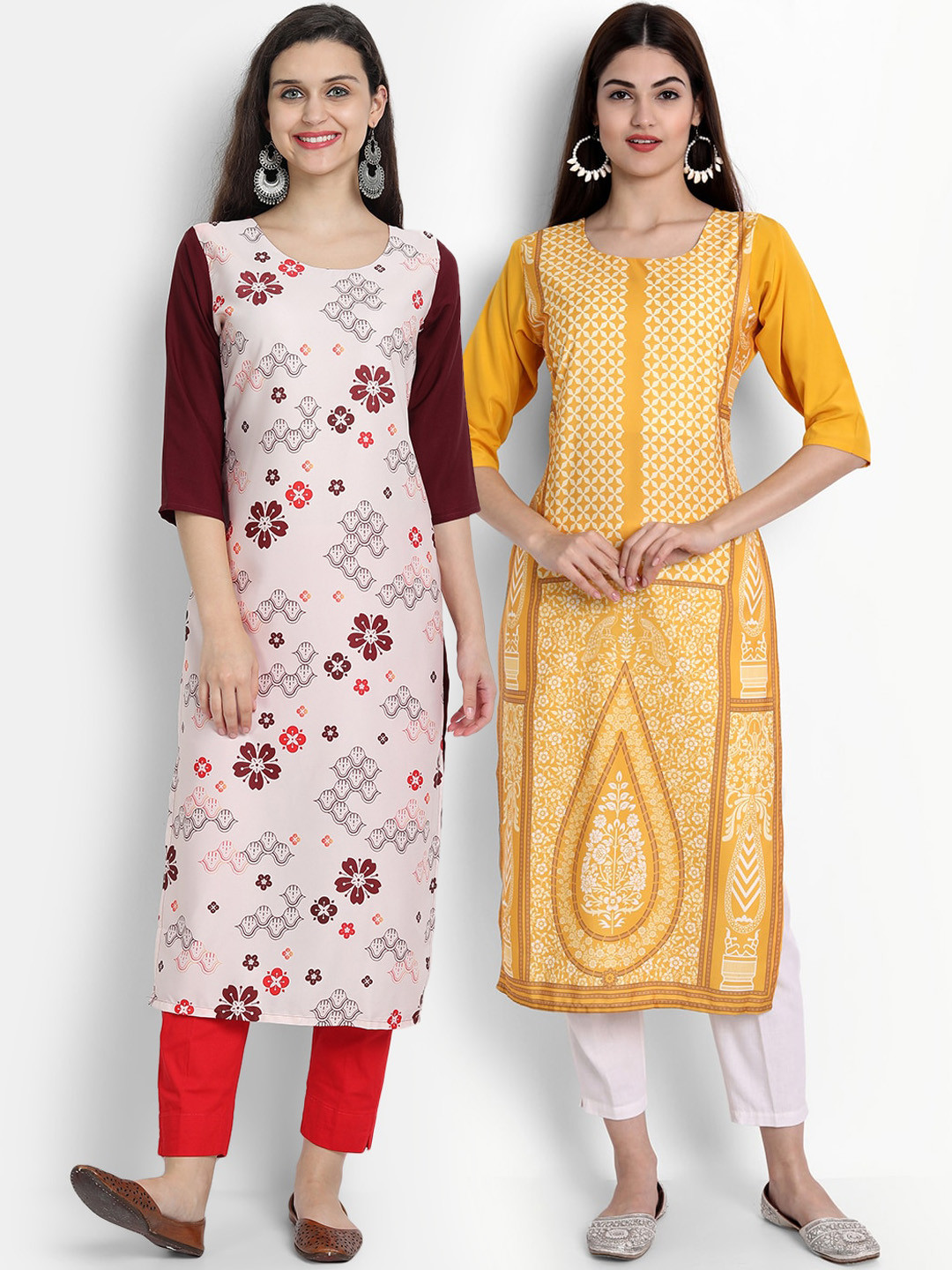 

Ethnic basket Women Pack Of 2 Yellow & Pink Floral Printed Floral Crepe Kurta