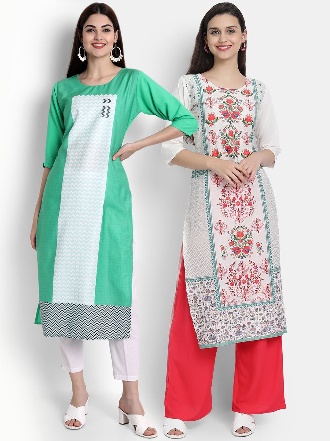 

Ethnic basket Women Pack of 2 Printed Crepe Kurtas, Green