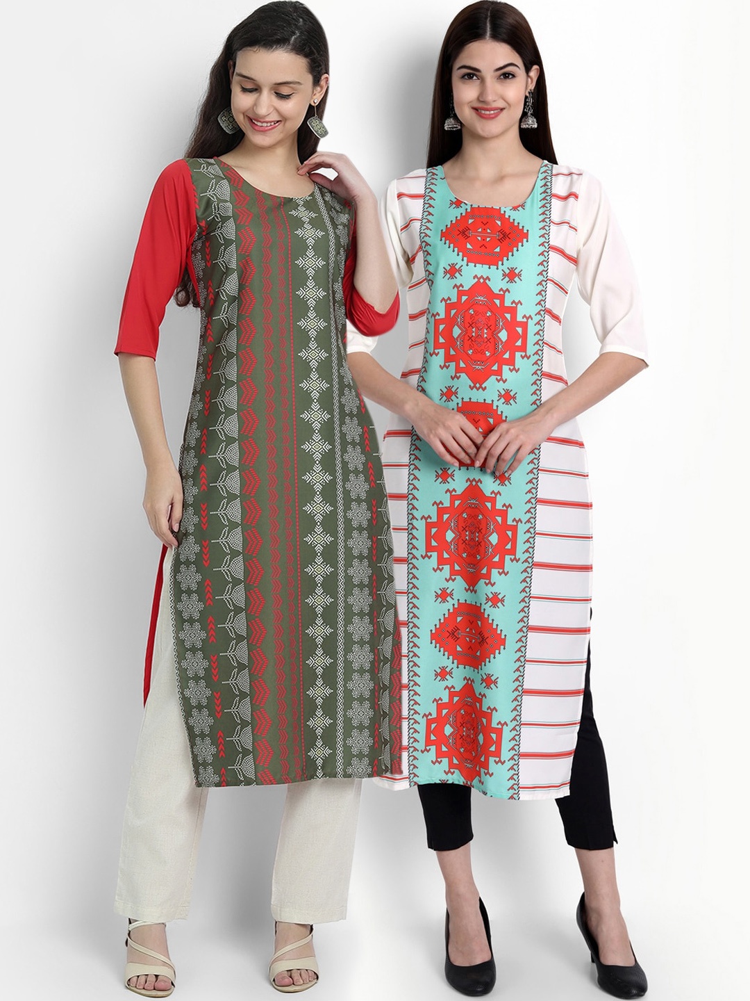 

Ethnic basket Women Pack of 2 Printed Crepe Kurtas, Green