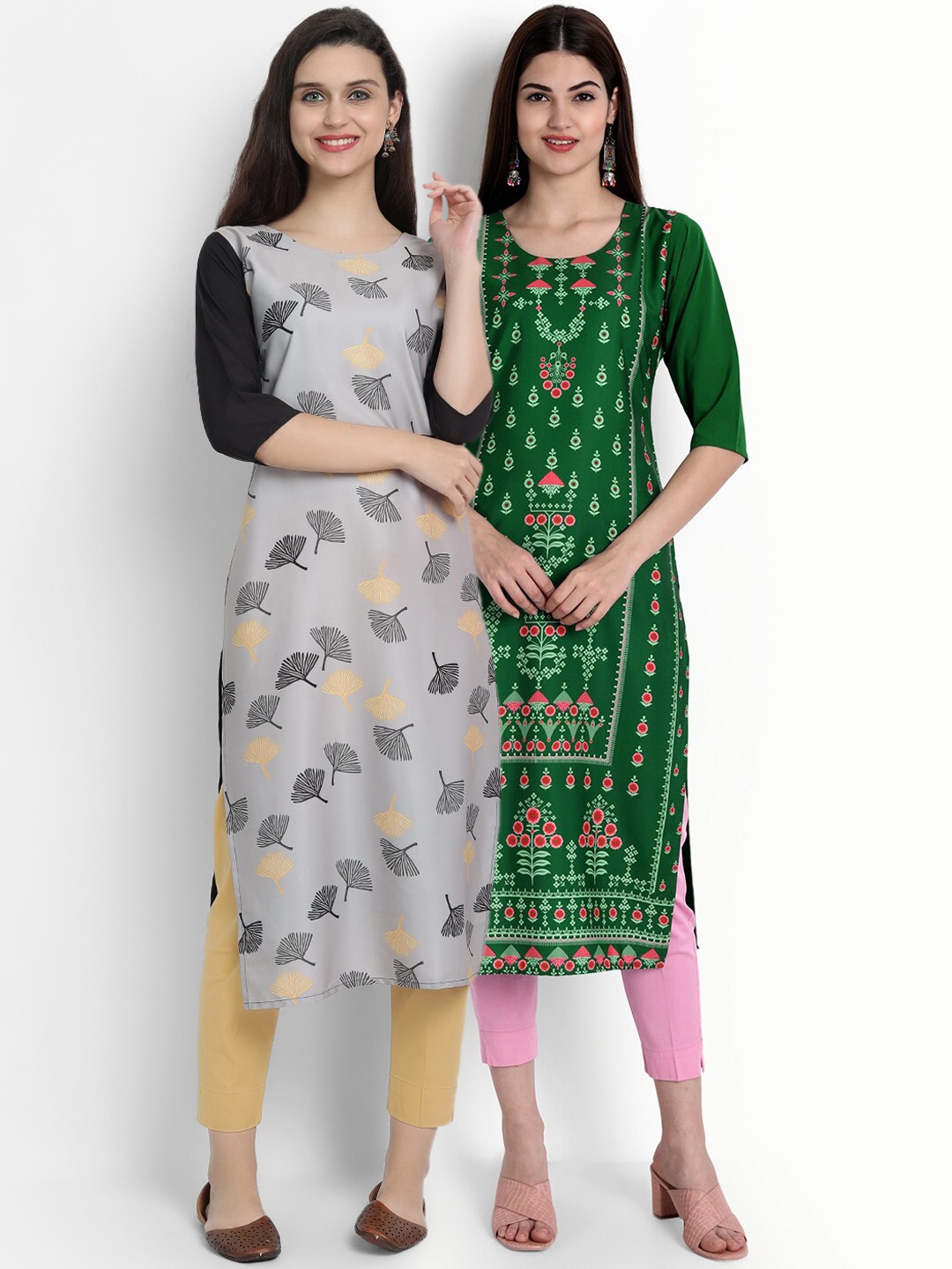 

Ethnic basket Women Pack Of 2 Green & Grey Ethnic Motifs Printed Floral Crepe Kurta