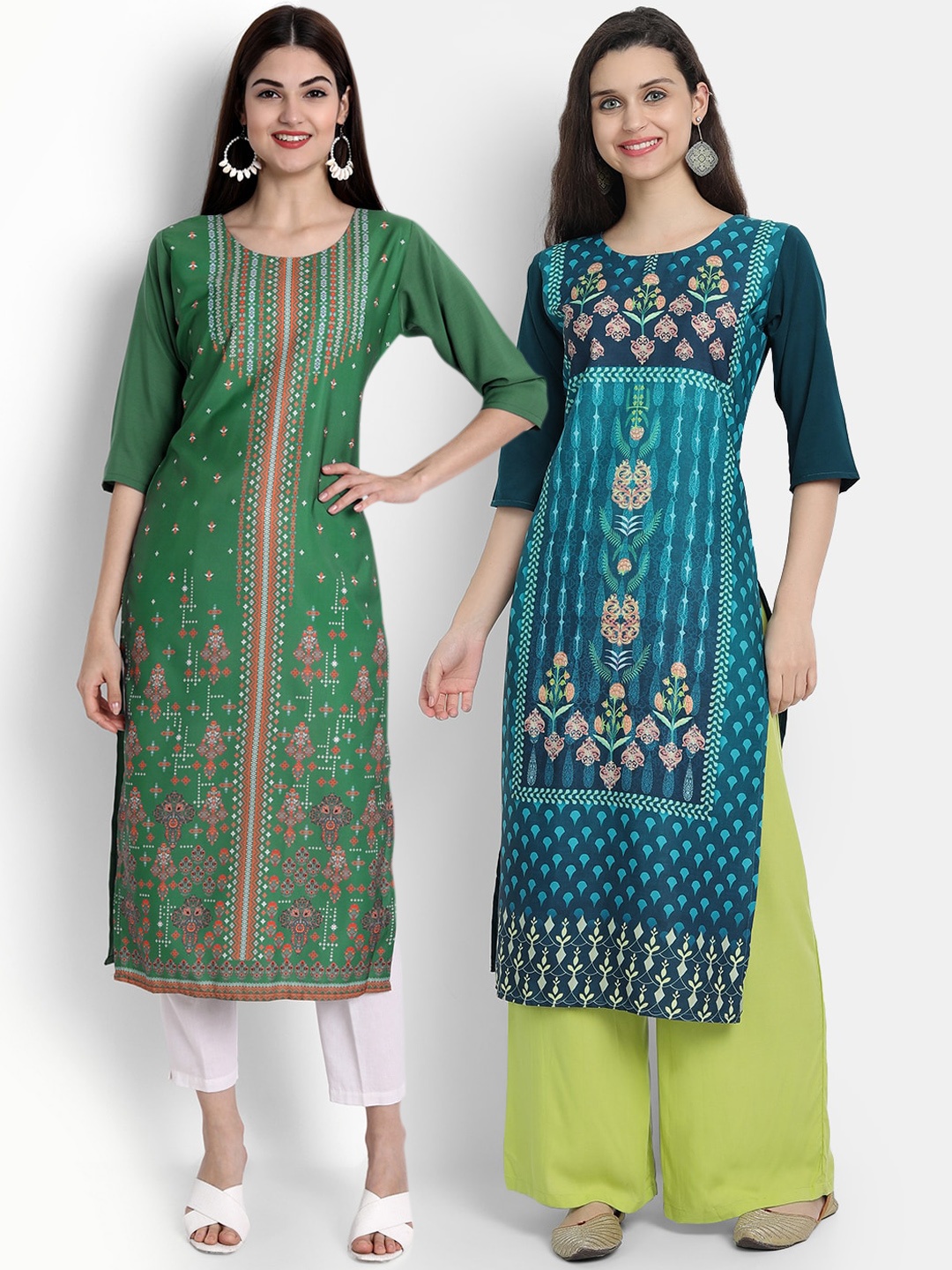 

Ethnic basket Women Pack of 2 Printed Crepe Kurtas, Green