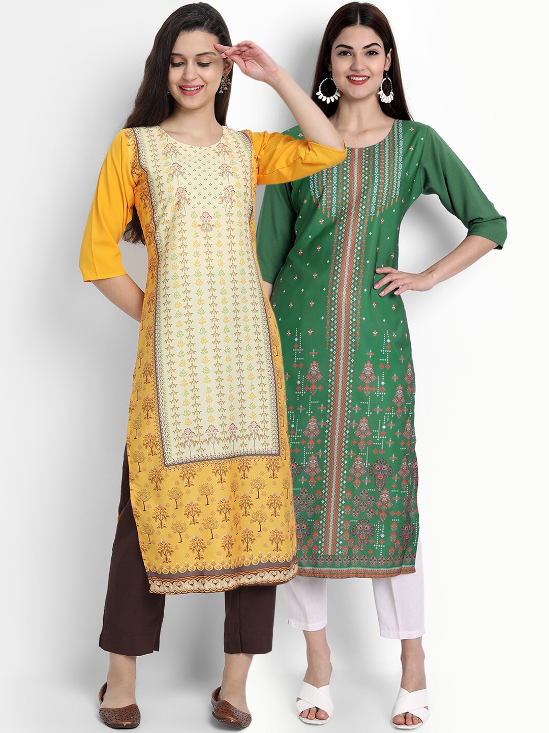 

Ethnic basket Women Pack Of 2 Yellow & Green Ethnic Motifs Printed Crepe Kurta