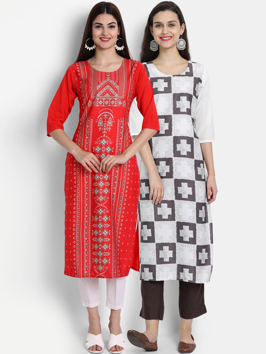 

Ethnic basket Women Pack Of 2 Red & White Ethnic Motifs Printed Crepe Kurta