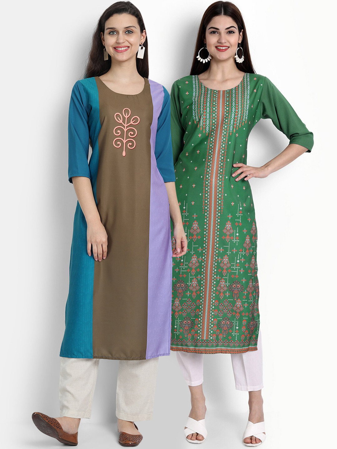 

Ethnic basket Women Pack Of 2 Green & Brown Ethnic Motifs Printed Crepe Kurta