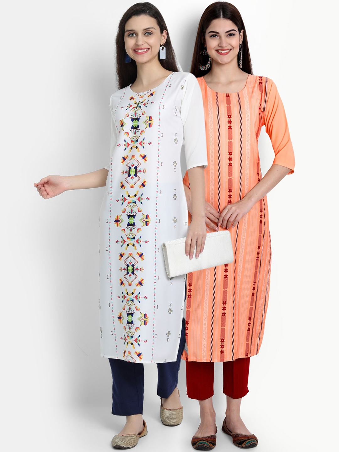 

Ethnic basket Women Pack Of 2 Peach-Coloured & White Geometric Printed Crepe Kurta