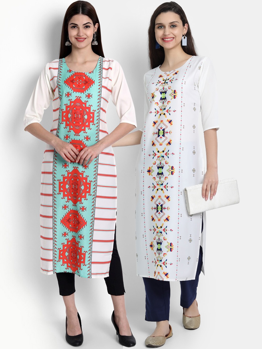 

Ethnic basket Women Pack of 2 Printed Crepe Kurtas, White
