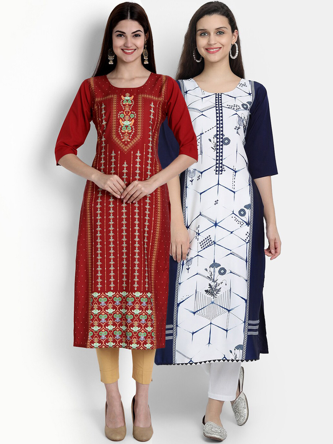 

Ethnic basket Women Pack Of 2 Red & White Ethnic Motifs Printed Crepe Kurta
