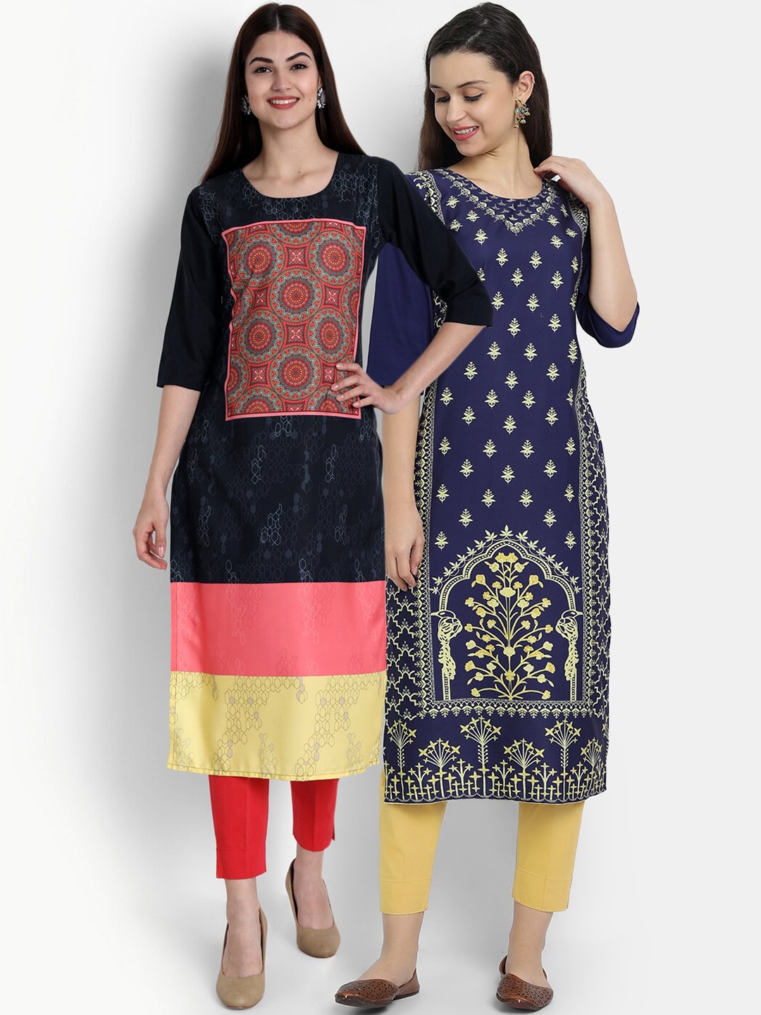 

Ethnic basket Women Pack Of 2 Black & Navy Blue Ethnic Motifs Printed Crepe Kurta